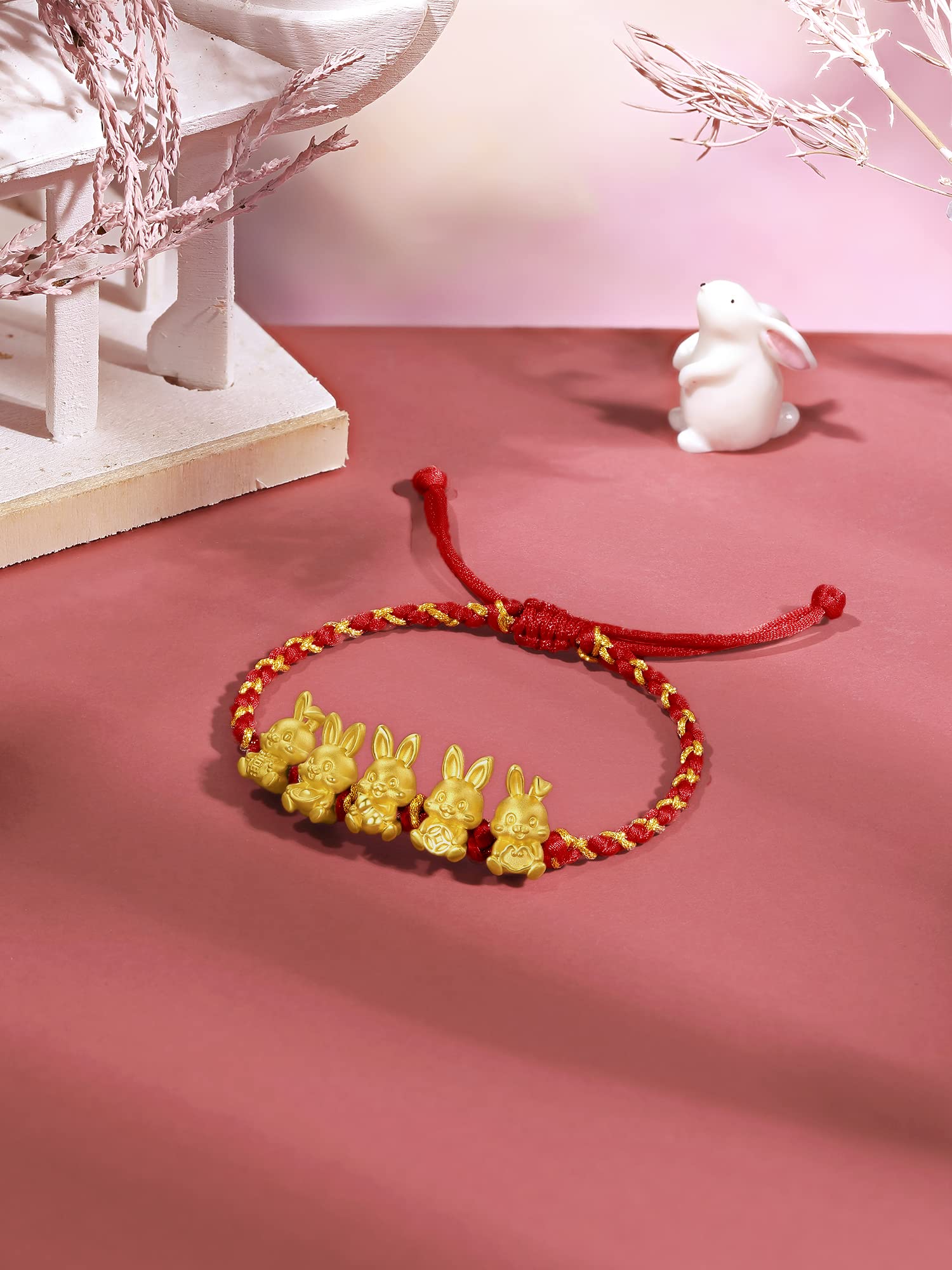 ZHOU LIU FU Real Gold Charm Bracelets for Women, Adjustable 5 Lucky Rabbit 24K Solid Gold Jewelry Braided Red Bracelet, Fortune Rabbit Charm Bracelets Lucky Bunny Pure Gold Bangle Bracelets