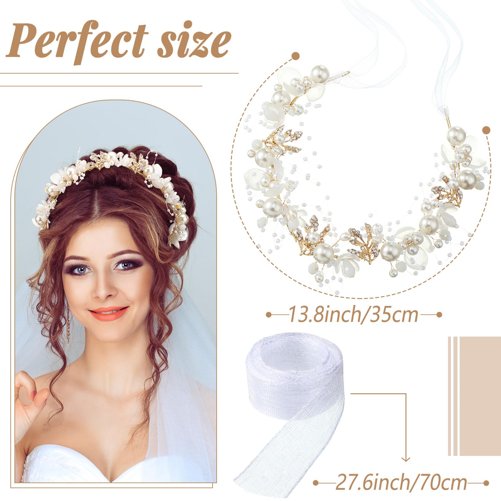 Yinder 3 Pcs Flower Headpiece Hair Accessories for Wedding Flower Headband Flower Crown Floral Tiara Rhinestone Pearl Headband for First Communion Prom(Gold)