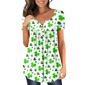 St Patricks Day Womens Short Sleeve Button Neck Flower Printed Pleated T Shirt Top Casual Floral Fit Shirts Tee Blouse