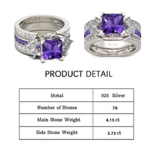 Jeulia 4.1 Carat Bridal Ring Sets for Women Princess Cut Engagement Rings Sterling Silver Wedding Band Interchangeable Rings Promise Anniversary with Jewelry Box (Purple, 7)