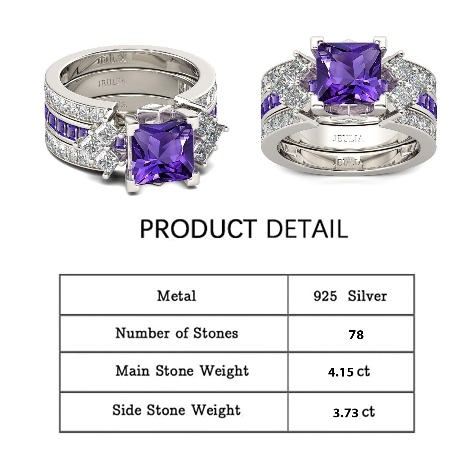 Jeulia 4.1 Carat Bridal Ring Sets for Women Princess Cut Engagement Rings Sterling Silver Wedding Band Interchangeable Rings Promise Anniversary with Jewelry Box (Purple, 7)