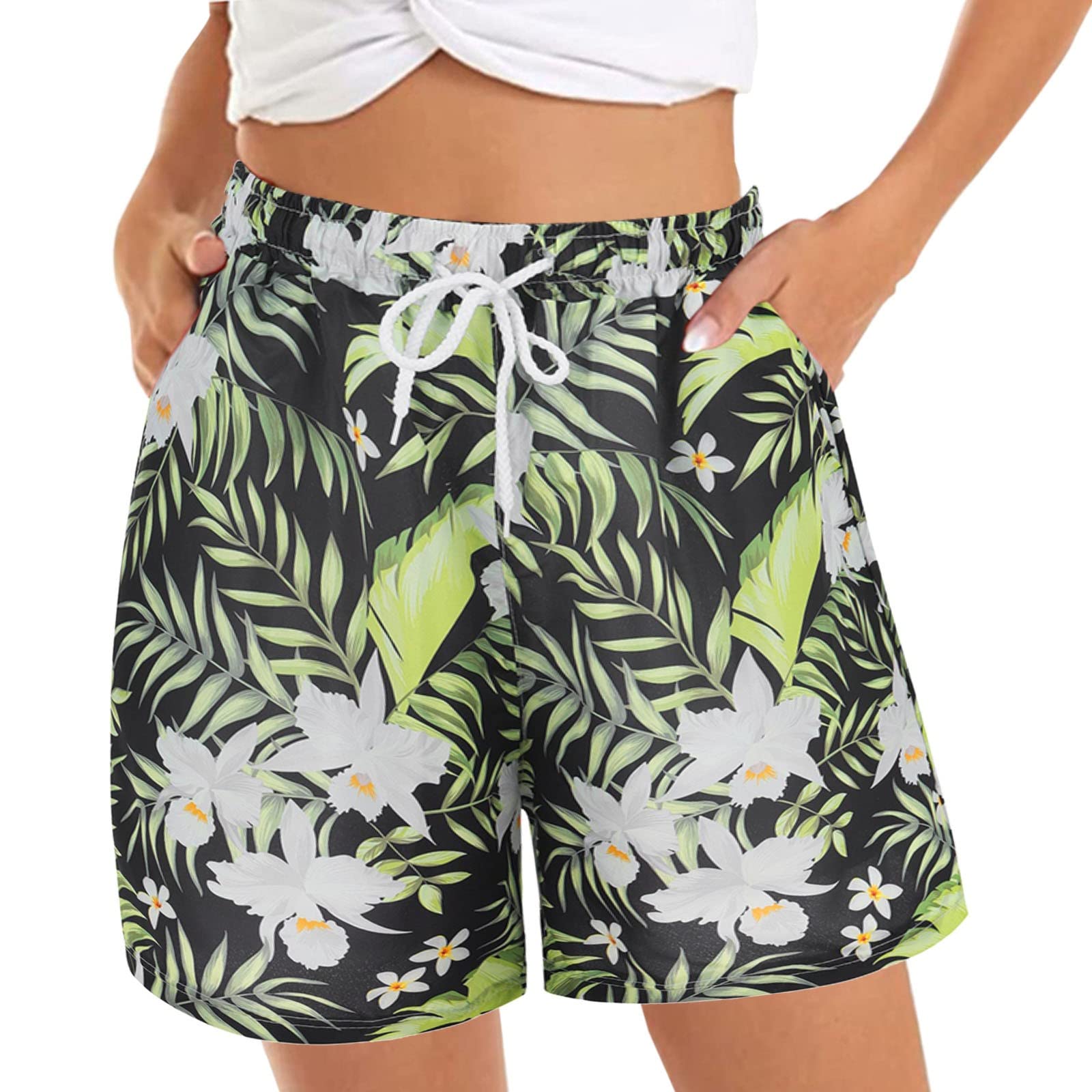 Summer Shorts for Women Casual Lightweight Comfy Elastic Waist Floral Drawstring Sports Bermuda Short with Pockets