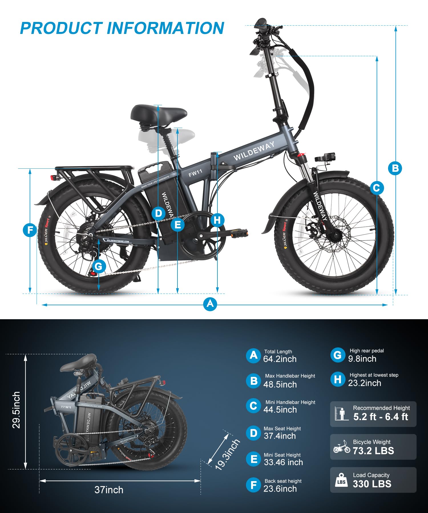 Wildeway Electric Bike with 32Ah Battery 750W 28MPH Motor, 20 inch Fat Tire Folding Electric Bike, Urban City Commuter Ebikes for Adults Men Women, Electric Bicycle 7 Speed Gear