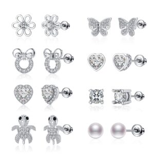 TOPBRIGHT 8 Pairs S925 Sterling Silver Stud Earrings Hypoallergenic Earrings White Heart CZ Tiny Butterfly For Kids, Toddlers, Little Girls, Teens, Women