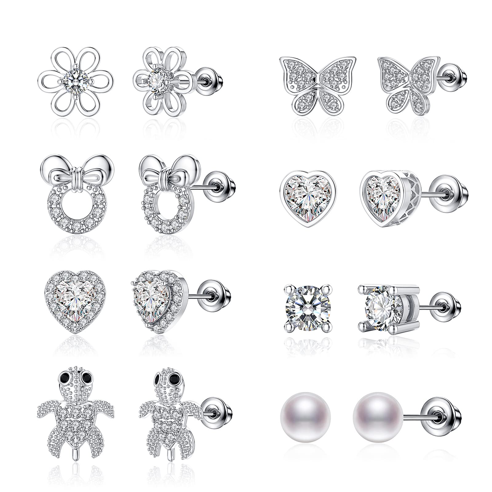 TOPBRIGHT 8 Pairs S925 Sterling Silver Stud Earrings Hypoallergenic Earrings White Heart CZ Tiny Butterfly For Kids, Toddlers, Little Girls, Teens, Women