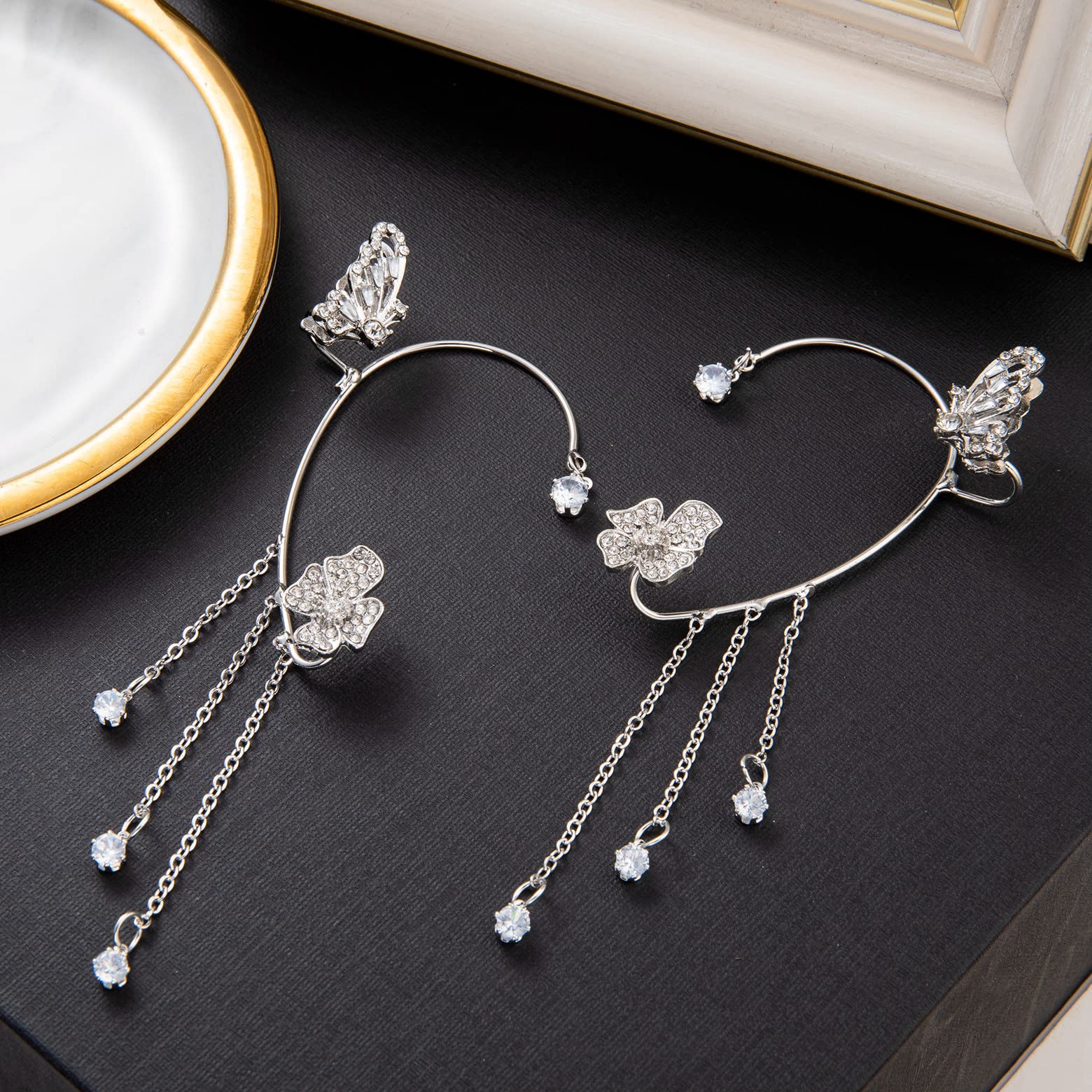 LOREMOW 2 Pair Butterfly Clip on Earrings Ear Flower Clip Earrings for Women Dangle Non Pierced Earring Cuff Wrap Earrings Set Silver 17