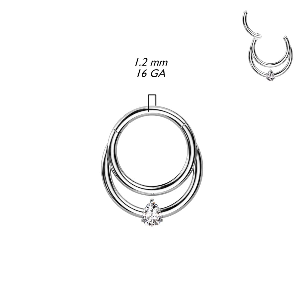 Pierced Owl 16GA F136 Implant Grade Titanium Double Hoop with CZ Crystal Teardrop Center Hinged Segment Ring (Gold Tone)