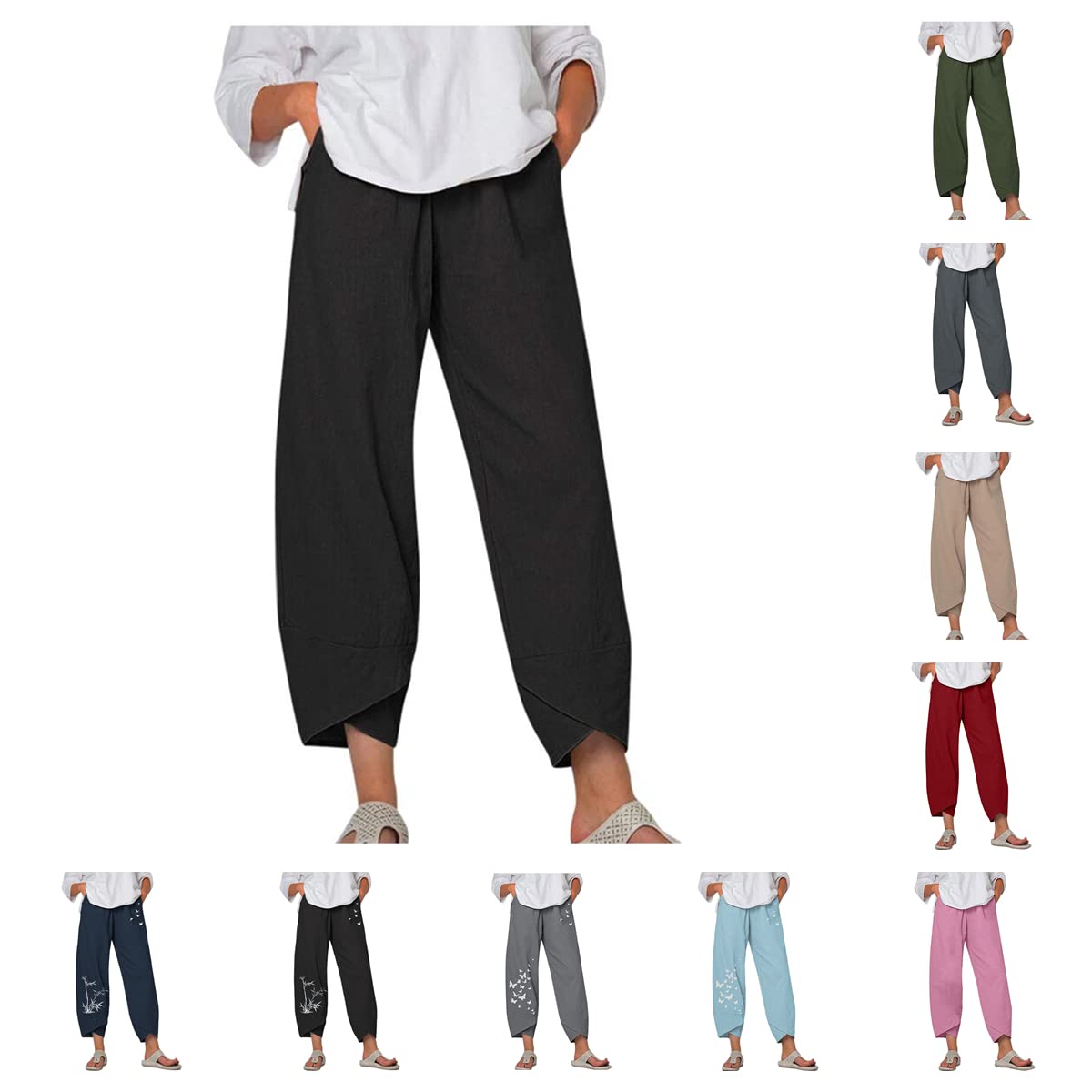 Vliolat Womens Wide Leg Pants Casual Loose Palazzo Yoga Harem Pants Capri Plus Size Boho Cotton Linen Cropped Beach Trousers