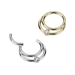 Pierced Owl 16GA F136 Implant Grade Titanium Double Hoop with CZ Crystal Teardrop Center Hinged Segment Ring (Gold Tone)