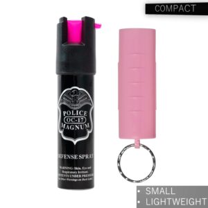 Police Magnum Mini Pepper Spray Self Defense Safety Tool- Strong Keyring Holder- Small discreet Canister Case- Made in The USA- 3 Pack 3/4oz Twist Lock Pink Sleeve Keyring