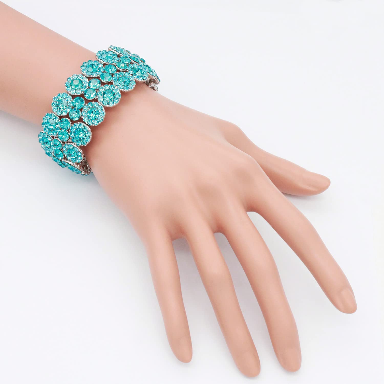 Lavencious Round Shape Rhinestones Elastic Stretch Bracelet Party Jewelry for Women 7" (Aqua Blue)