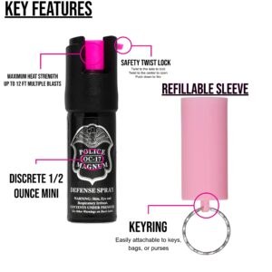 Police Magnum Pepper Spray Self Defense - Mini Pocket Safety Tool - Small discreet Canister Case- Made in The USA- 3 Pack 1/2oz Twist Lock Pink Sleeve Keyring