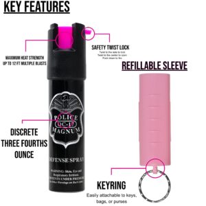 Police Magnum Mini Pepper Spray Self Defense Safety Tool- Strong Keyring Holder- Small discreet Canister Case- Made in The USA- 3 Pack 3/4oz Twist Lock Pink Sleeve Keyring