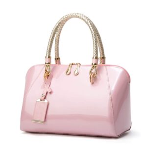 mn&sue elegant designer crossbody shoulder bags tote women patent leather top handle handbag lady purse (pink)