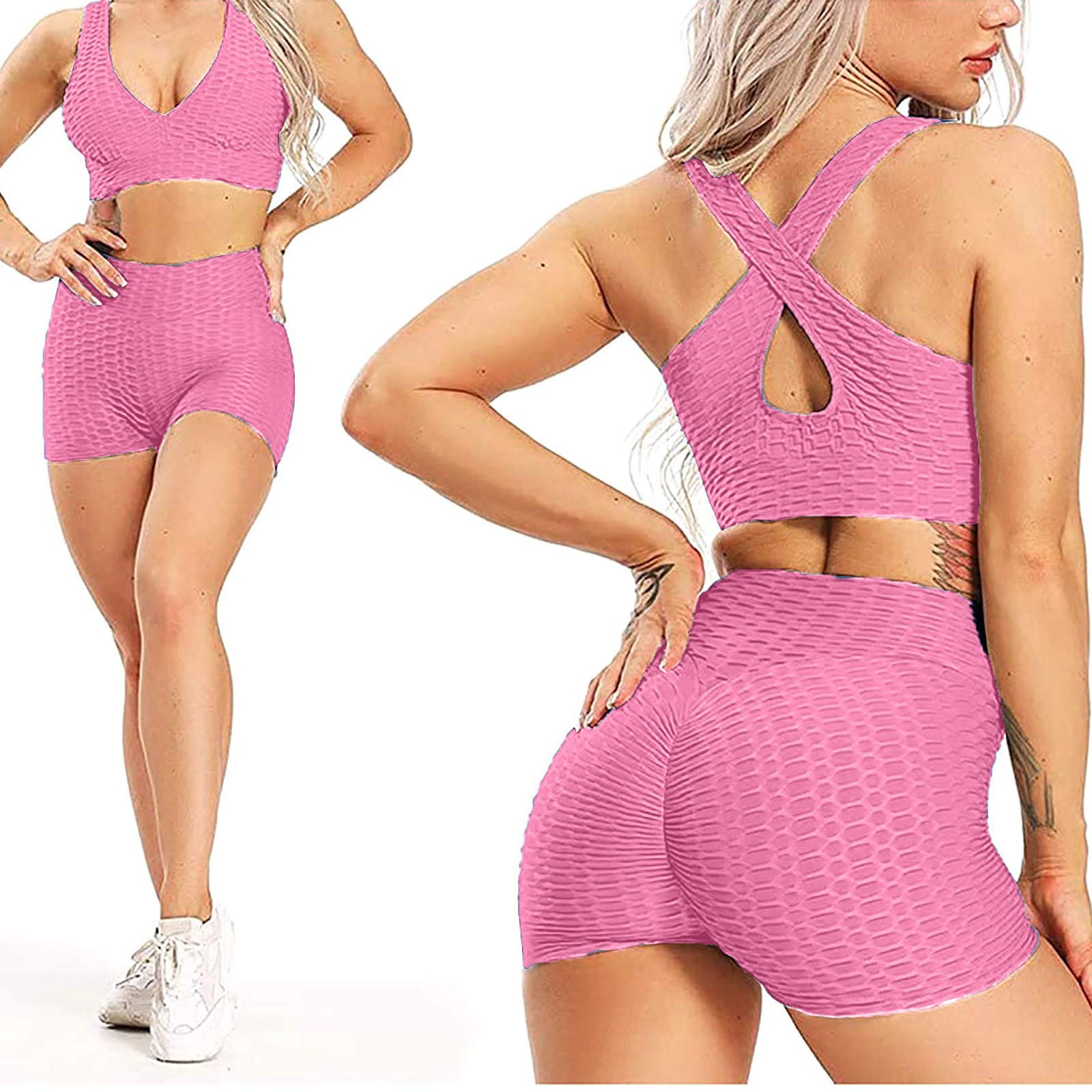 White for Women 2 Piece Womens Workout Biker Shorts High Waisted Tummy Control Stretch Skinny Shorts Gym Brazilian Textured Hot Shorts(Pink+Green,Large)