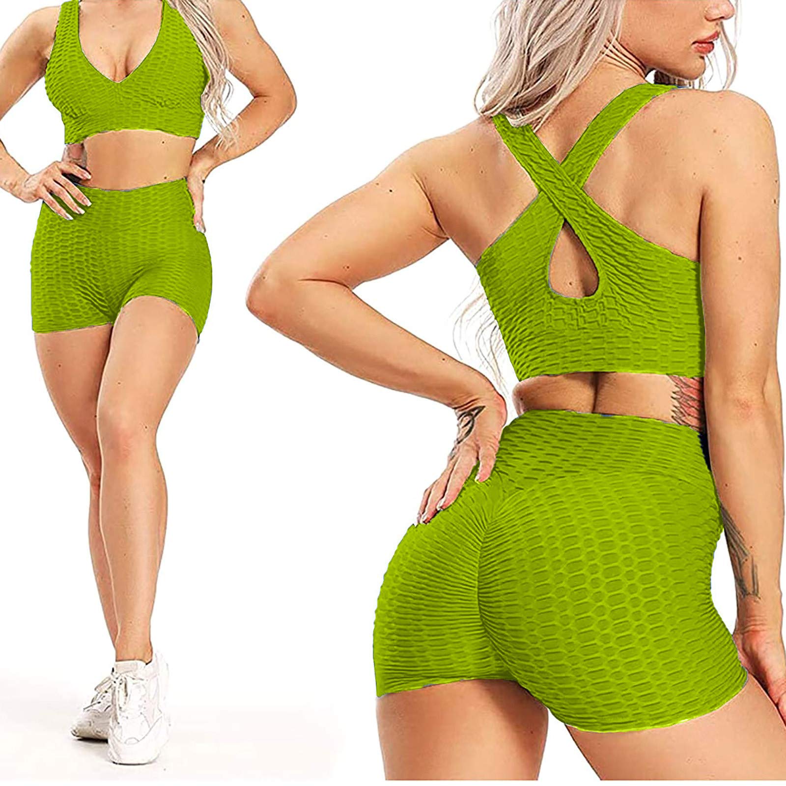 White for Women 2 Piece Womens Workout Biker Shorts High Waisted Tummy Control Stretch Skinny Shorts Gym Brazilian Textured Hot Shorts(Pink+Green,Large)