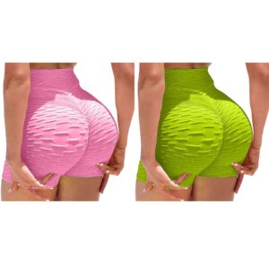 white for women 2 piece womens workout biker shorts high waisted tummy control stretch skinny shorts gym brazilian textured hot shorts(pink+green,large)