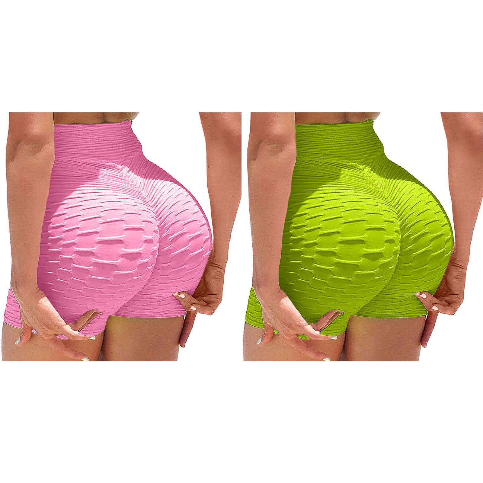 White for Women 2 Piece Womens Workout Biker Shorts High Waisted Tummy Control Stretch Skinny Shorts Gym Brazilian Textured Hot Shorts(Pink+Green,Large)