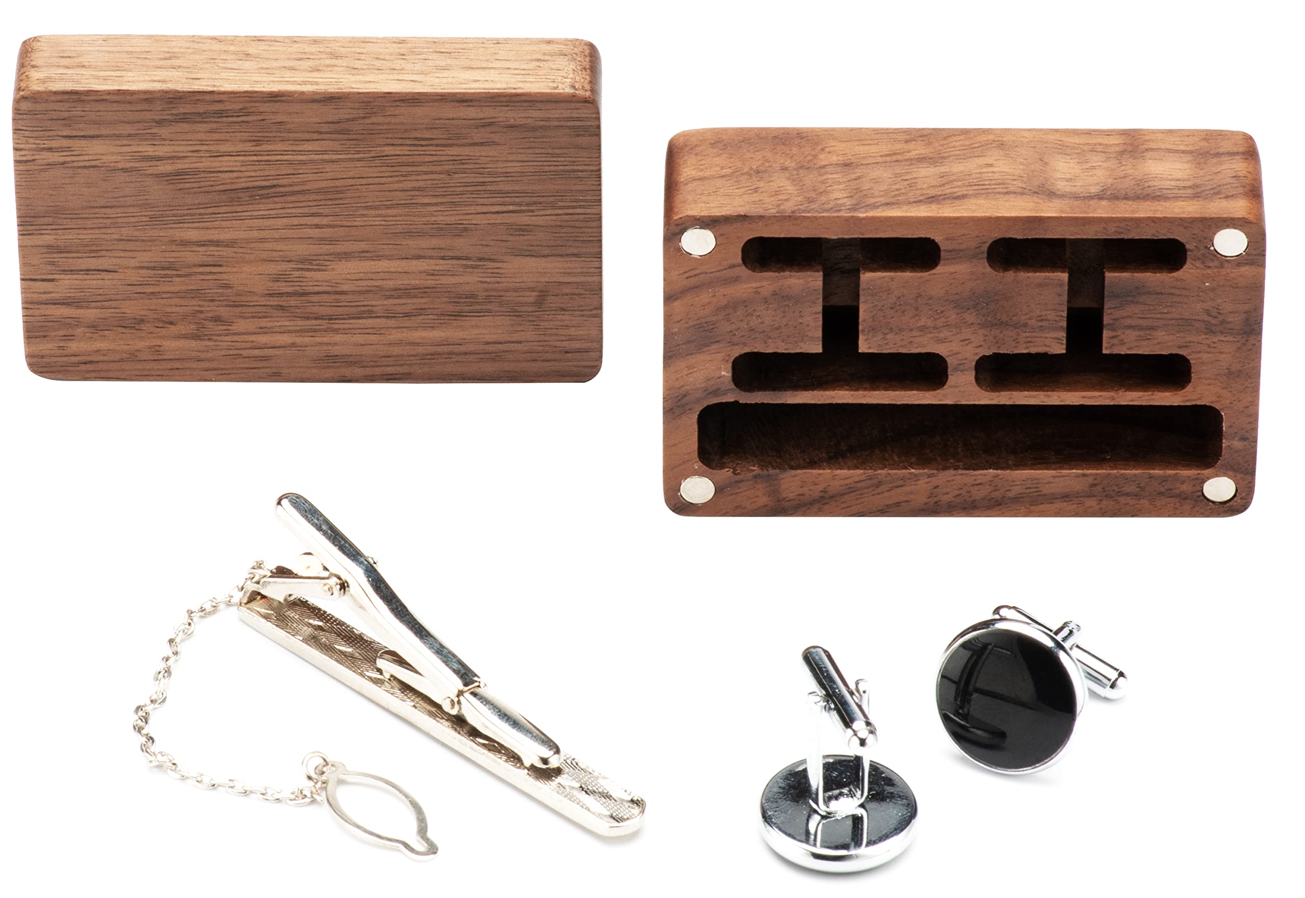 COSISO Black Walnut Wooden Cufflinks Display Box Tie Clip Case with Magnetic Lid For Men