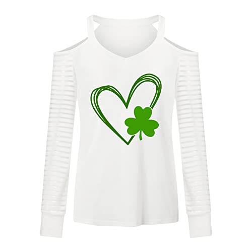 ZunFeo St Patricks Day Shirt Women Long Sleeve Cold Shoulder Irish Tee Top Strap Shamrock Graphic T Shirts Trendy Blouse, W-d-white, X-Large