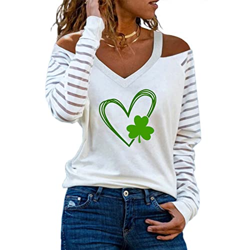 ZunFeo St Patricks Day Shirt Women Long Sleeve Cold Shoulder Irish Tee Top Strap Shamrock Graphic T Shirts Trendy Blouse, W-d-white, X-Large