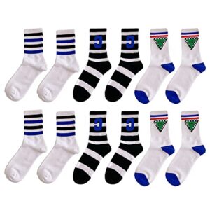 ZINDE 6 Pairs Soft Cotton Socks for Women Girl Thick Knit Breathable Cute Stripe Fashion Above Ankle Crew Socks Set (6 Pairs-10)