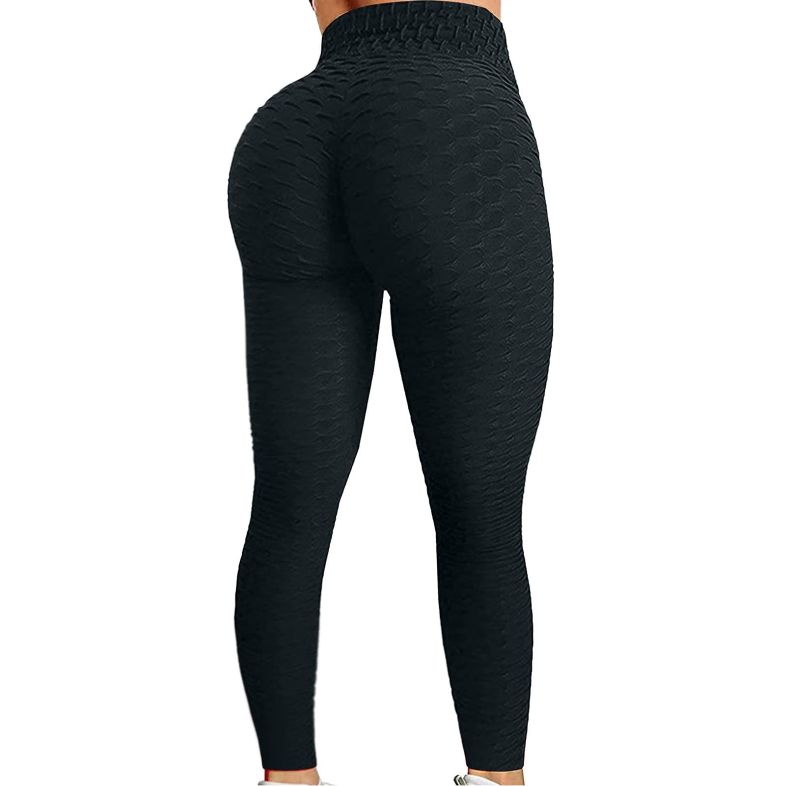 COJCOIHN Women's High Waist Yoga Pants Tummy Control Workout Ruched Butt Lifting Stretchy Leggings Textured Booty Tights Black