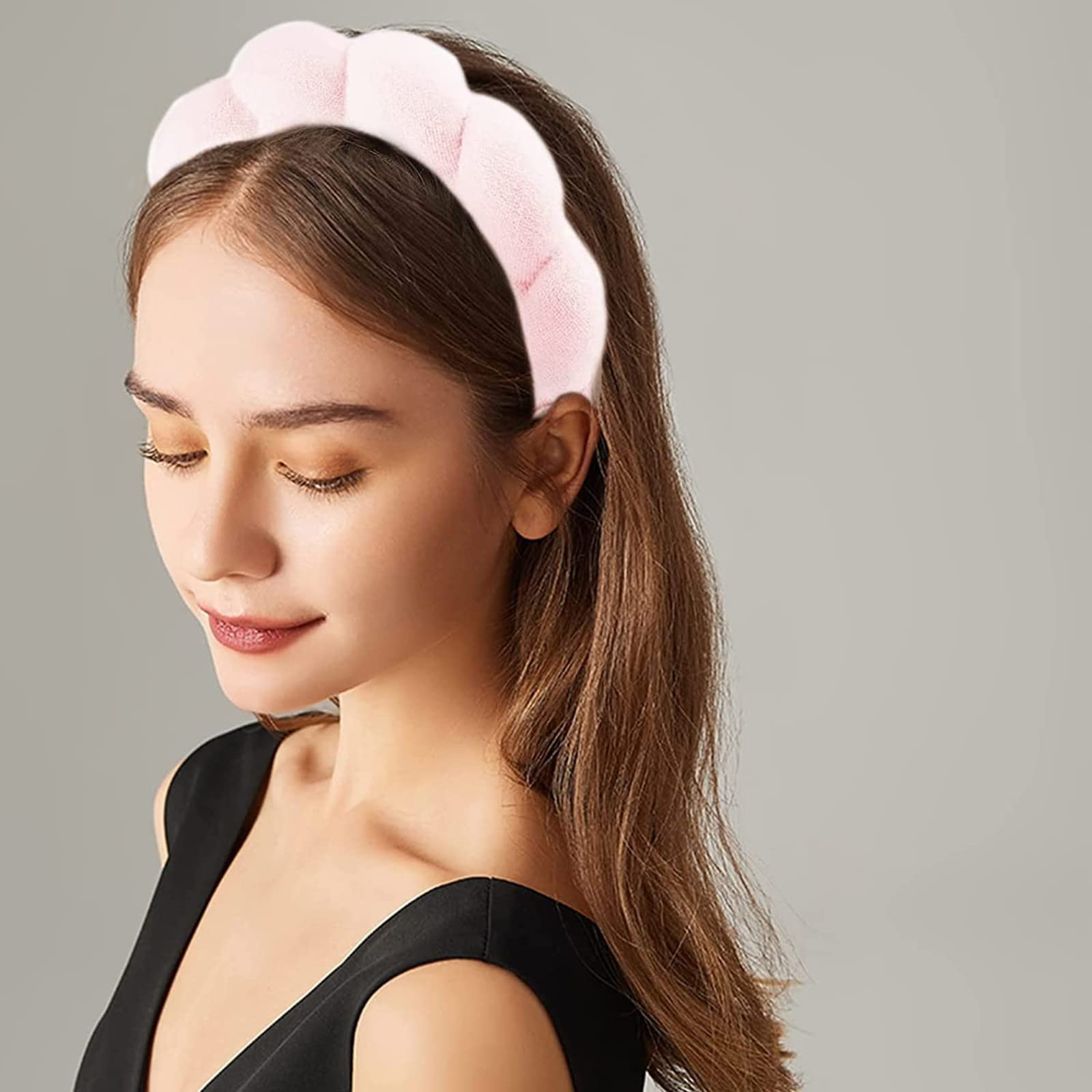 mizeo Spa Headband for Women,Sponge Terry Cloth Fabric Head Band,Soft&Non Slip Hair Band for Washing Face,Makeup,Skincare,Shower,Hair Accessories(Pink