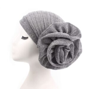 Women Turban Flower Caps Chemo Head Wraps Cap Stretchy Turban Hat Head Cover Flower Knot India's Hat for Women Girl Silvery