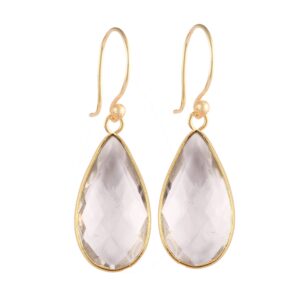 guntaas gems classic clear quartz earring with bezel set teardrop shape brass gold plated party wear drop dangle earrings