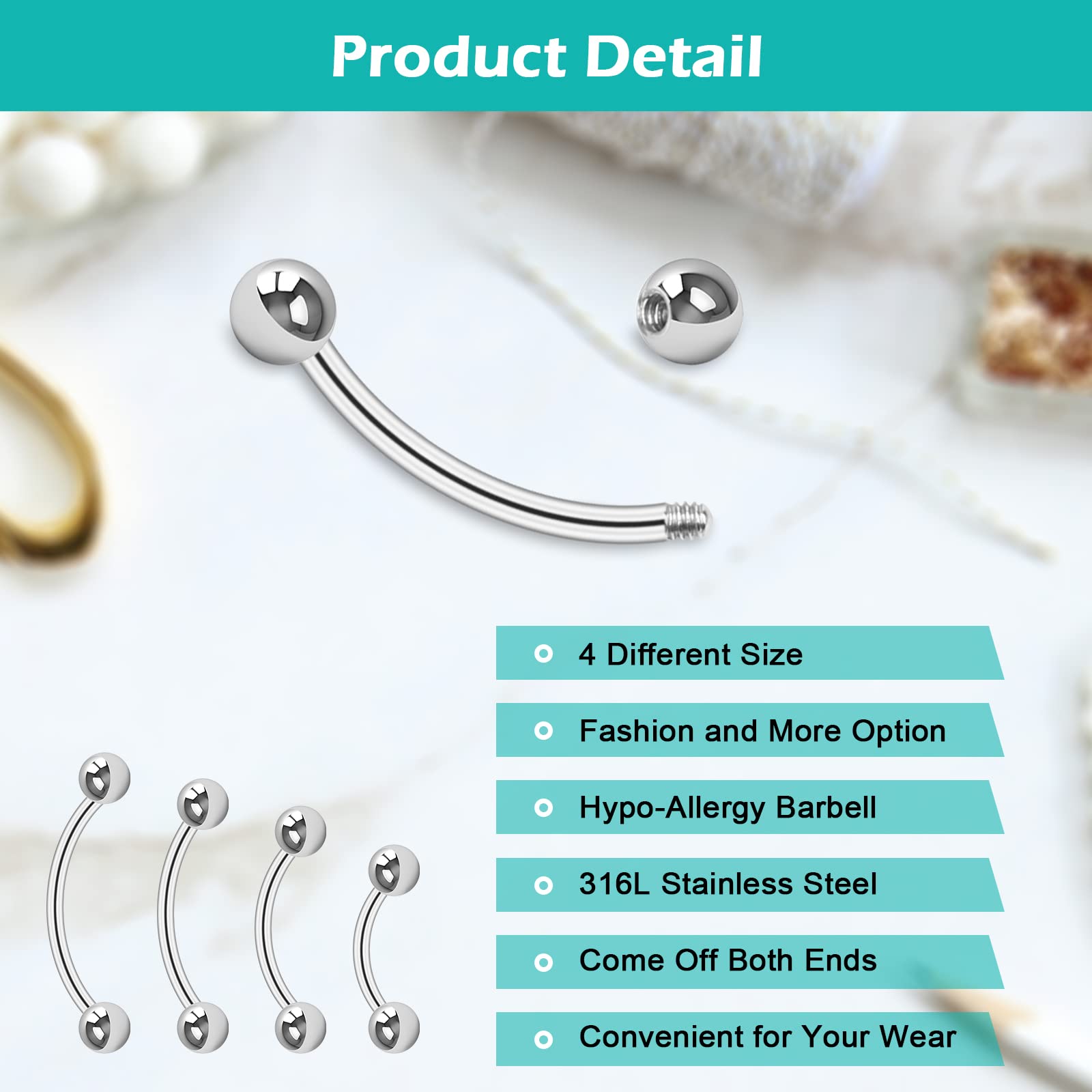 CrazyPiercing 18G Curved Barbell Piercing Jewelry 16P Tragus Rook Eyebrow Rings Surgical Steel VCH Piercings Jewelry for Men/Women 6mm 8mm 10mm 12mm