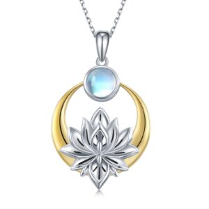 Peireara Lotus Necklaces for Women 925 Sterling Silver Moonstone Lotus Flower Pendant Necklaces Yoga Spiritual Jewelry Gifts for Women