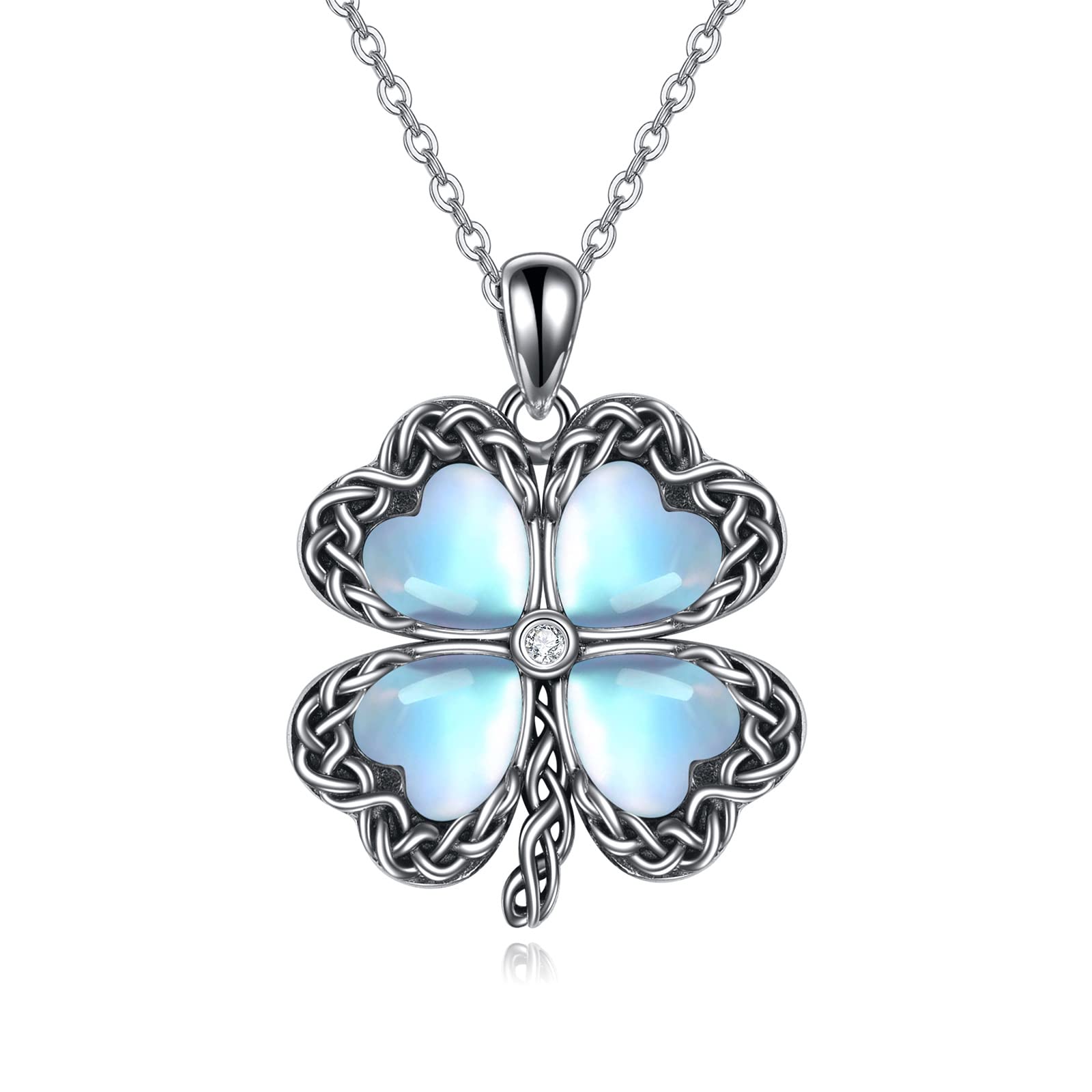 YAFEINI Four Leaf Clover Necklace Sterling Silver Shamrock Necklace Moonstone Clover Jewelry St. Patricks Day Mothers Day for Mum Women