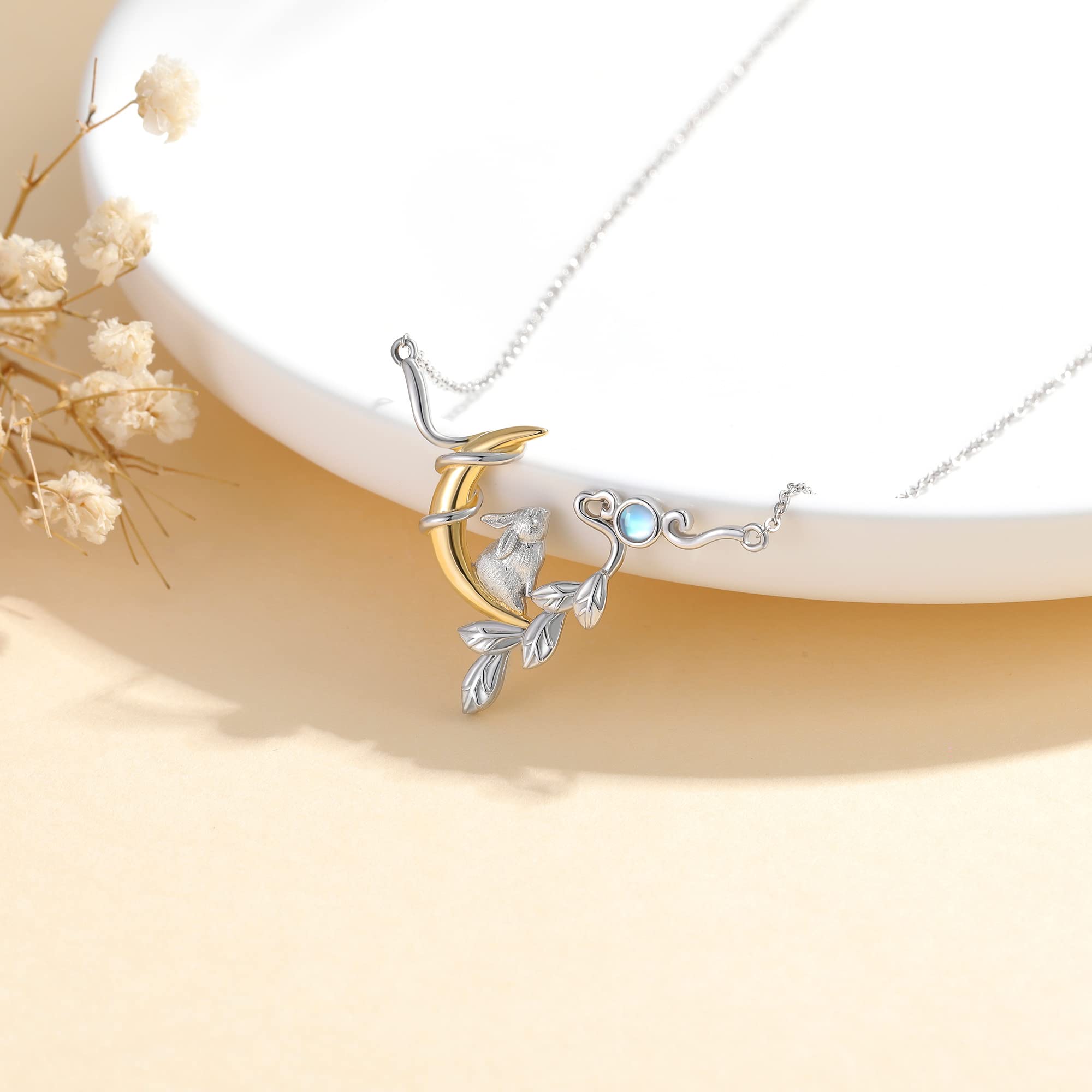 YAFEINI Bunny Necklace Sterling Silver Moon Rabbit Pendant Bunny Jewelry Gifts for Mum Women