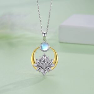 Peireara Lotus Necklaces for Women 925 Sterling Silver Moonstone Lotus Flower Pendant Necklaces Yoga Spiritual Jewelry Gifts for Women