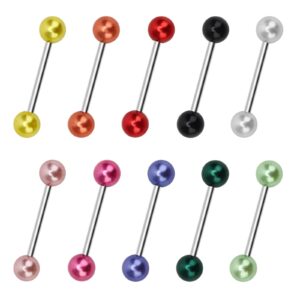 crazypiercing 10 pieces tongue rings 16g faux pearl acrylic tongue ring straight stainless steel barbell body piercing jewelry for men/women