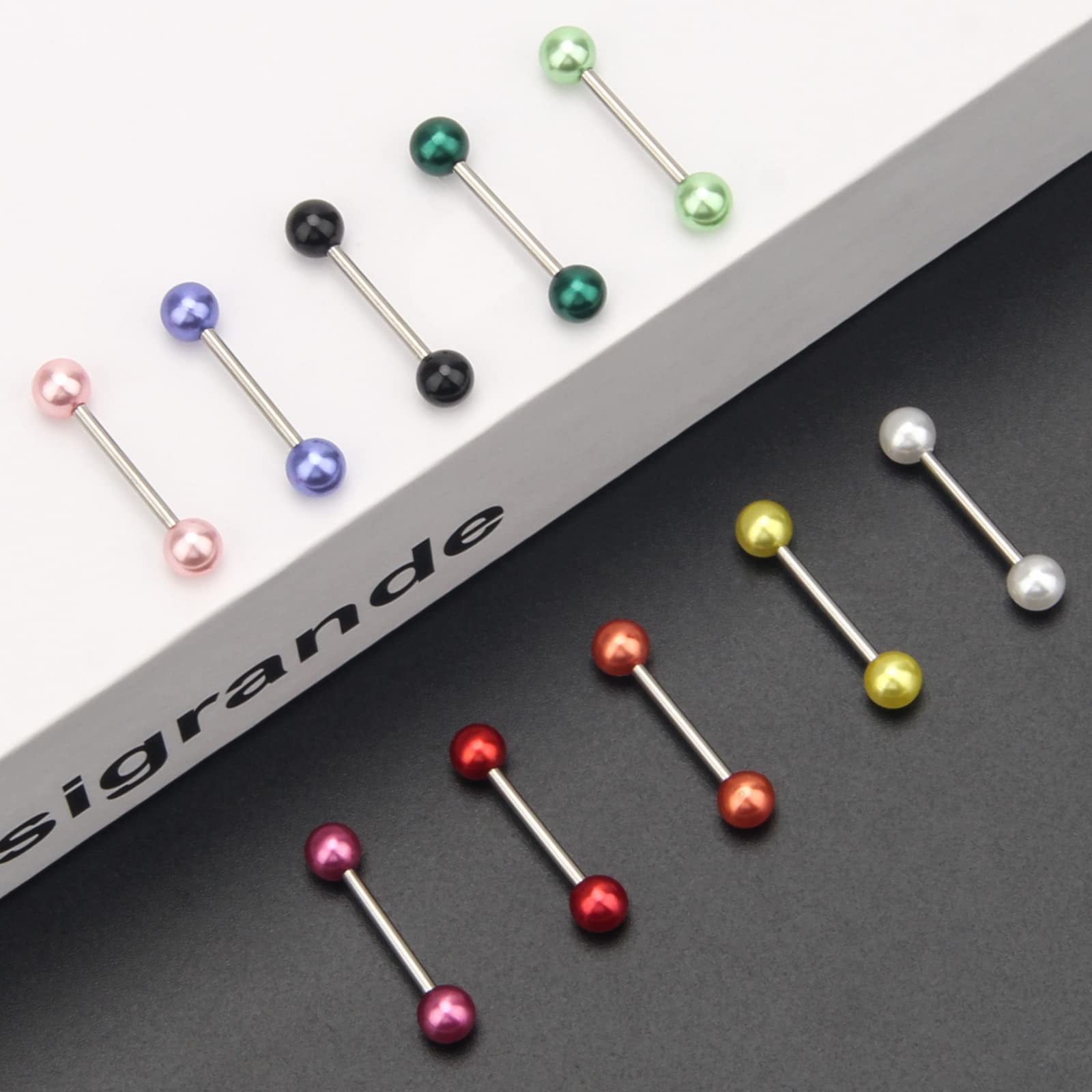 CrazyPiercing 10 Pieces Tongue Rings 16G Faux Pearl Acrylic Tongue Ring Straight Stainless Steel Barbell Body Piercing Jewelry for Men/Women