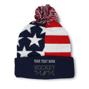 custom pom pom beanies for women hockey mom a embroidery skull cap hockey lover humor winter hats for men acrylic 1 size american flag personalized text here