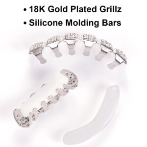 Gold Grillz Teeth Set Diamonds Grillz 18K Plated Gold Top & Bottom Grill Hip Hop Bling Iced Out Grillz for Women Men Kids Costume Cosplay with Molding Bars Silver