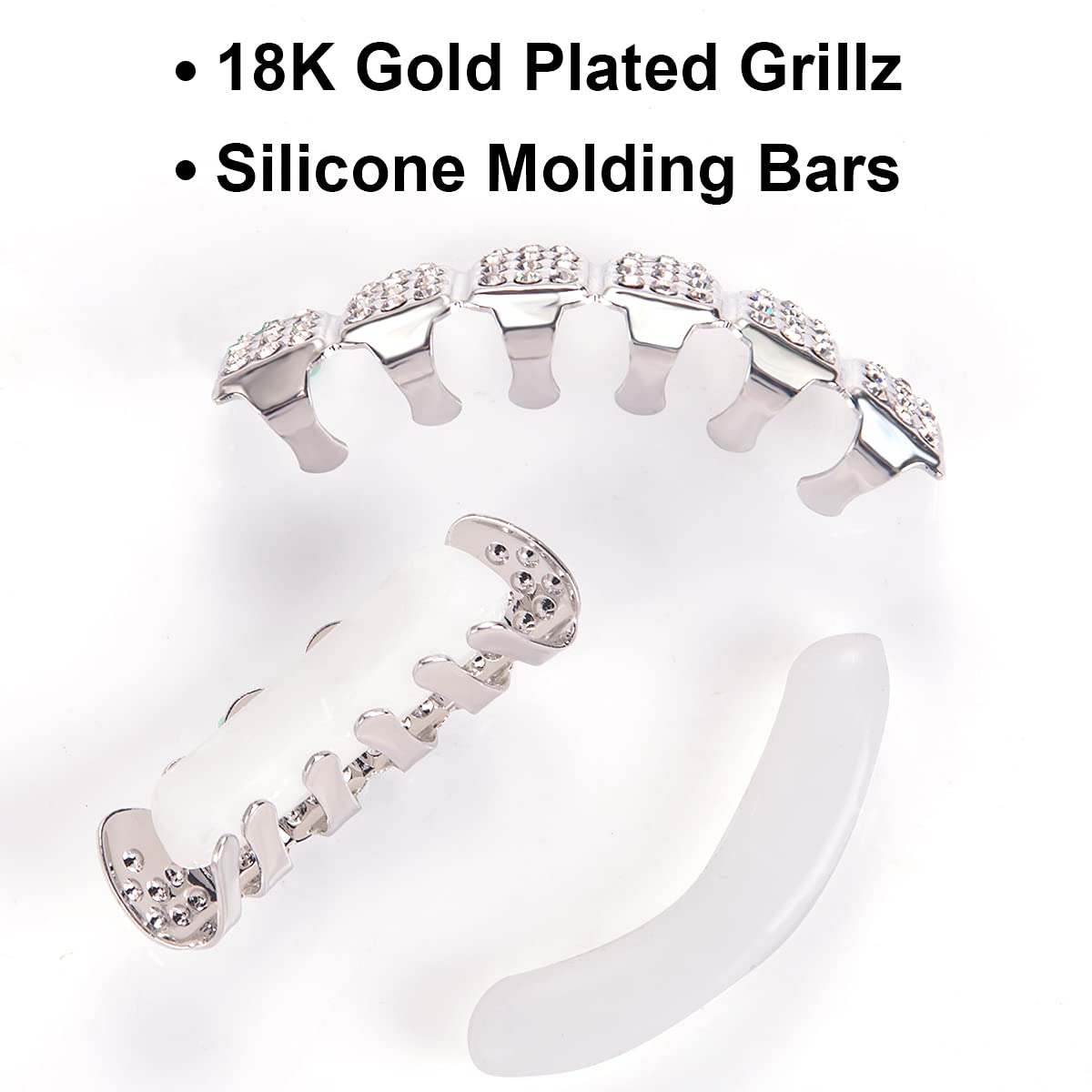 Gold Grillz Teeth Set Diamonds Grillz 18K Plated Gold Top & Bottom Grill Hip Hop Bling Iced Out Grillz for Women Men Kids Costume Cosplay with Molding Bars Silver