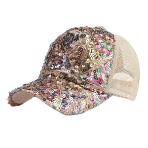 Women Sequins Adjustable Baseball Cap Breathable Mesh Back Snapback Hat Summer Beach Hip Hop Sunscreen (Beige, One Size)