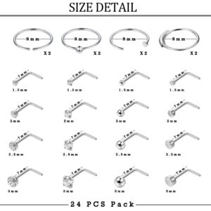 ZELORES 24PCS 20G Nose Ring Studs Stainless Steel Nose Rings Hoop L Shaped Nose Studs 8MM Hoop Nose Piercing Jewelry for Women Men (L-Shaped)