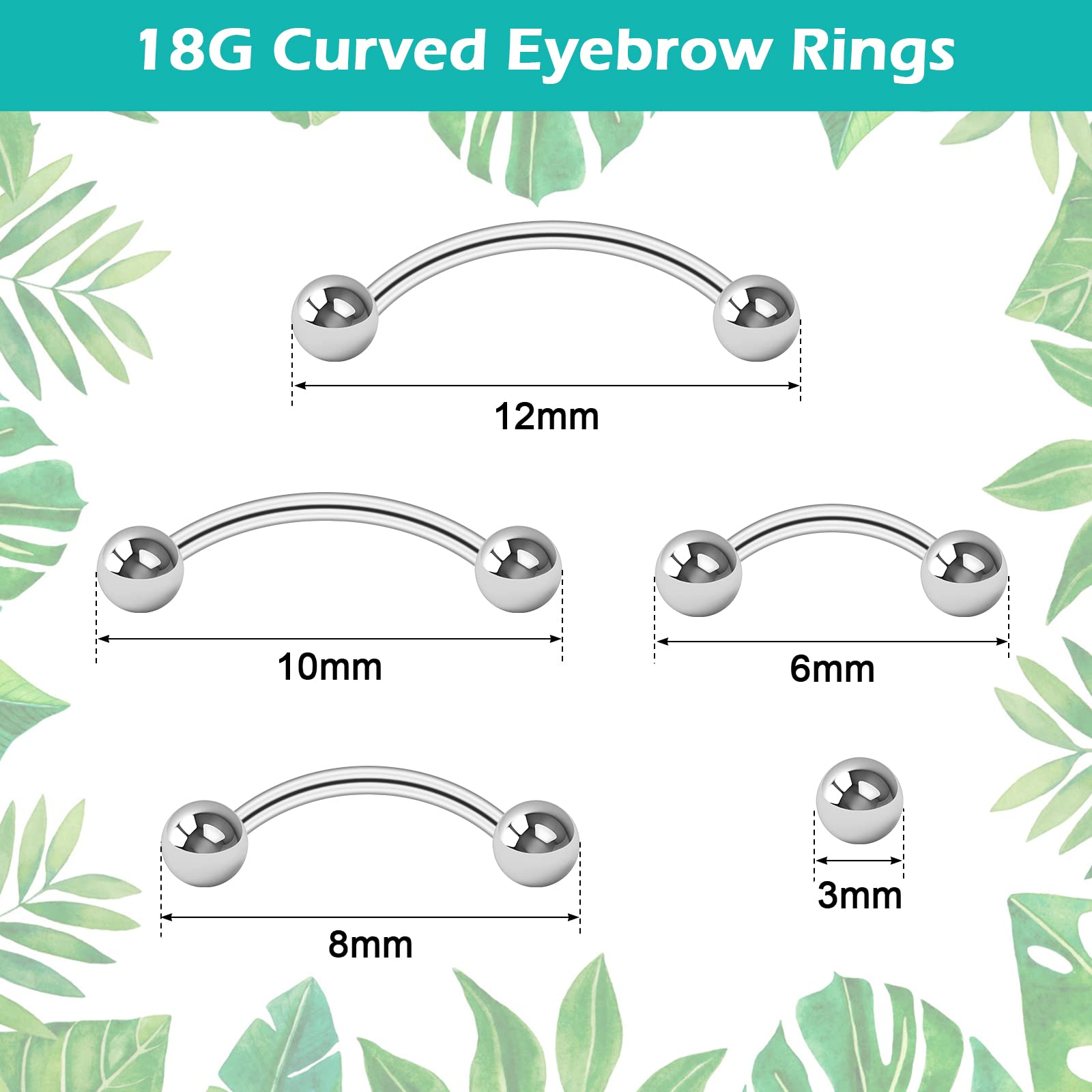 CrazyPiercing 18G Curved Barbell Piercing Jewelry 16P Tragus Rook Eyebrow Rings Surgical Steel VCH Piercings Jewelry for Men/Women 6mm 8mm 10mm 12mm