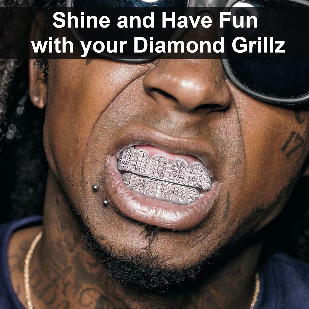 Gold Grillz Teeth Set Diamonds Grillz 18K Plated Gold Top & Bottom Grill Hip Hop Bling Iced Out Grillz for Women Men Kids Costume Cosplay with Molding Bars Silver