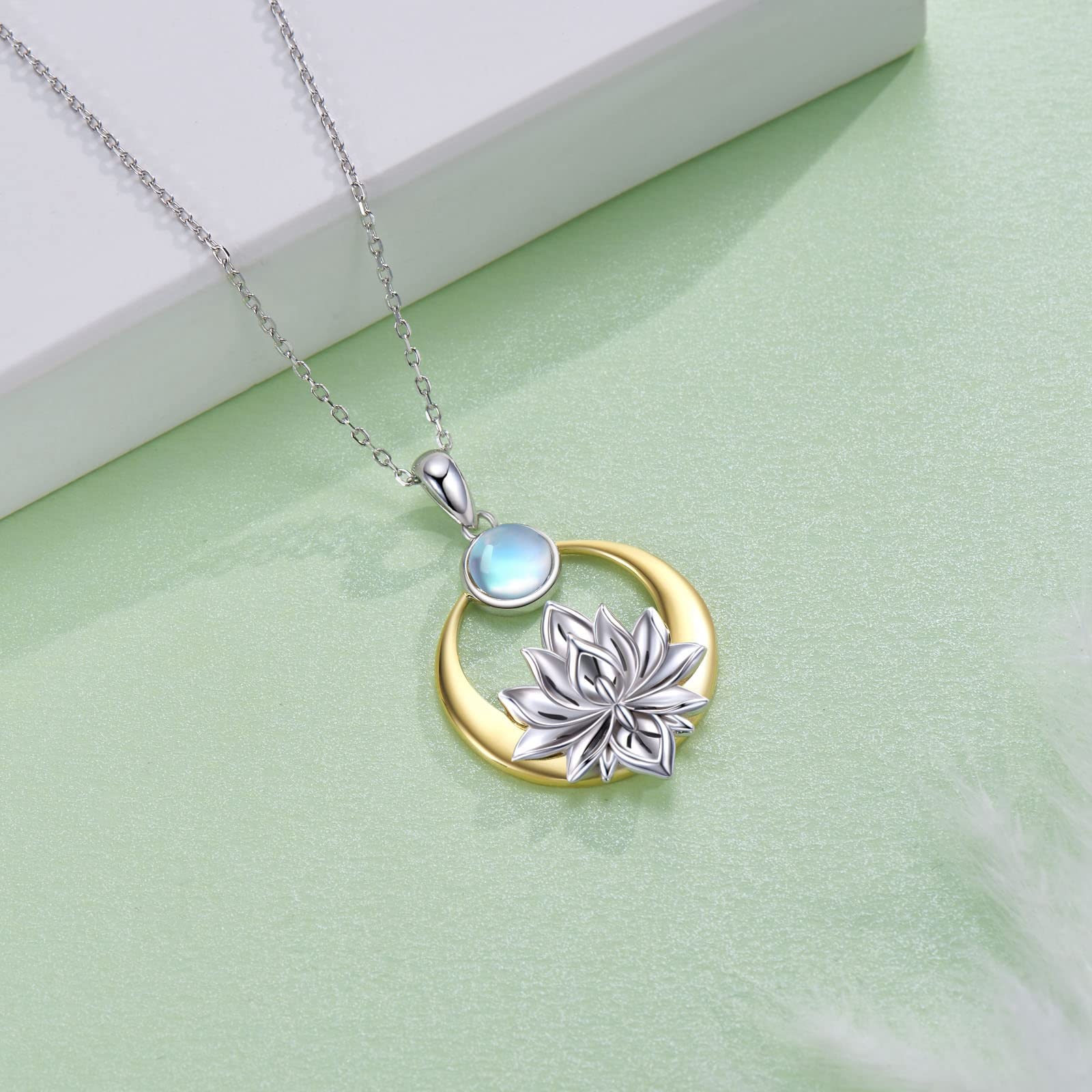 Peireara Lotus Necklaces for Women 925 Sterling Silver Moonstone Lotus Flower Pendant Necklaces Yoga Spiritual Jewelry Gifts for Women