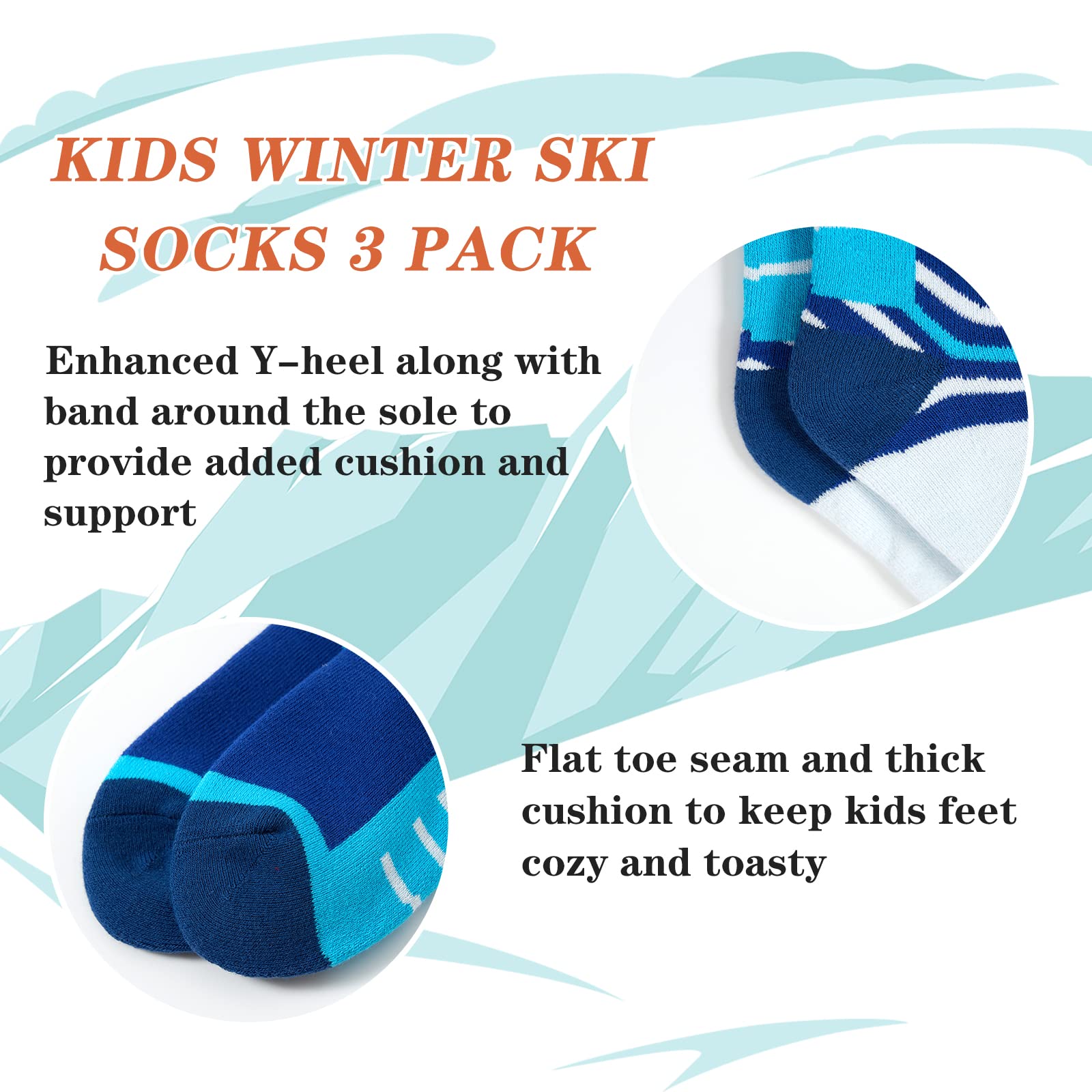 Qterdiz Ski Socks Kids Boys Winter Warm Snowboarding Socks for Boys Girls Thick Thermal Skating Socks 3 Pack Stripes 10-12 Years Old