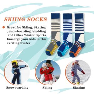 Qterdiz Ski Socks Kids Boys Winter Warm Snowboarding Socks for Boys Girls Thick Thermal Skating Socks 3 Pack Stripes 10-12 Years Old