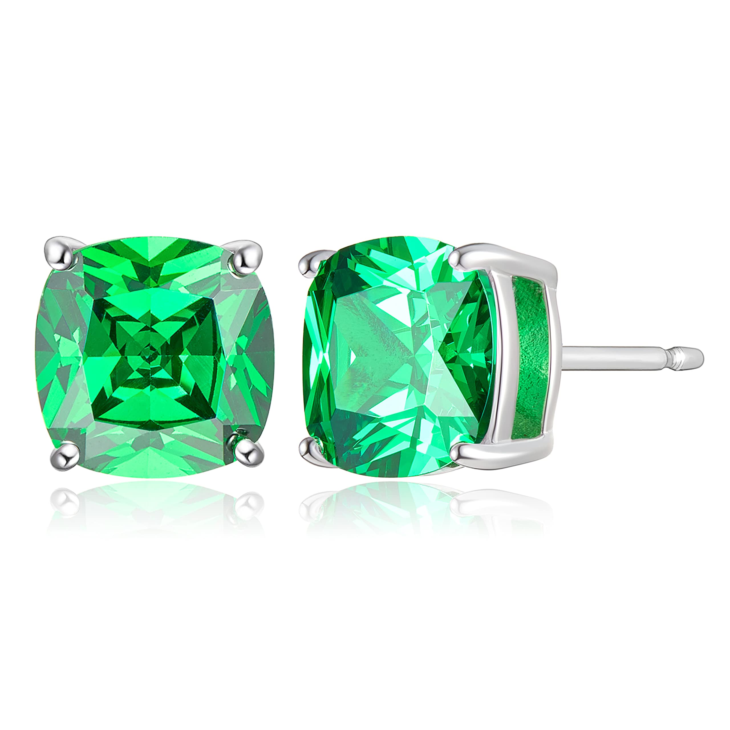 MORGAN & PAIGE .925 Sterling Silver Platinum Plated Cushion Cut Green Cubic Zirconia Earrings Studs, 4-Prong Setting Butterfly-Back Simulated Diamond Stud Earrings for Women Hypoallergenic Earrings