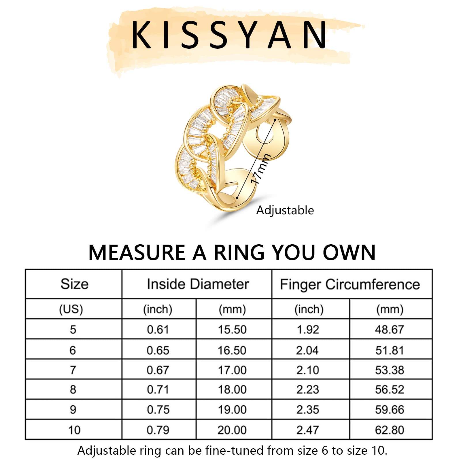 KissYan Gold Ring for Women, 14K Gold Plated Adjustable Open Chunky Finger Rings Twisted Baguette Band Rings Dainty Cubic Zirconia Jewelry Gifts(28)