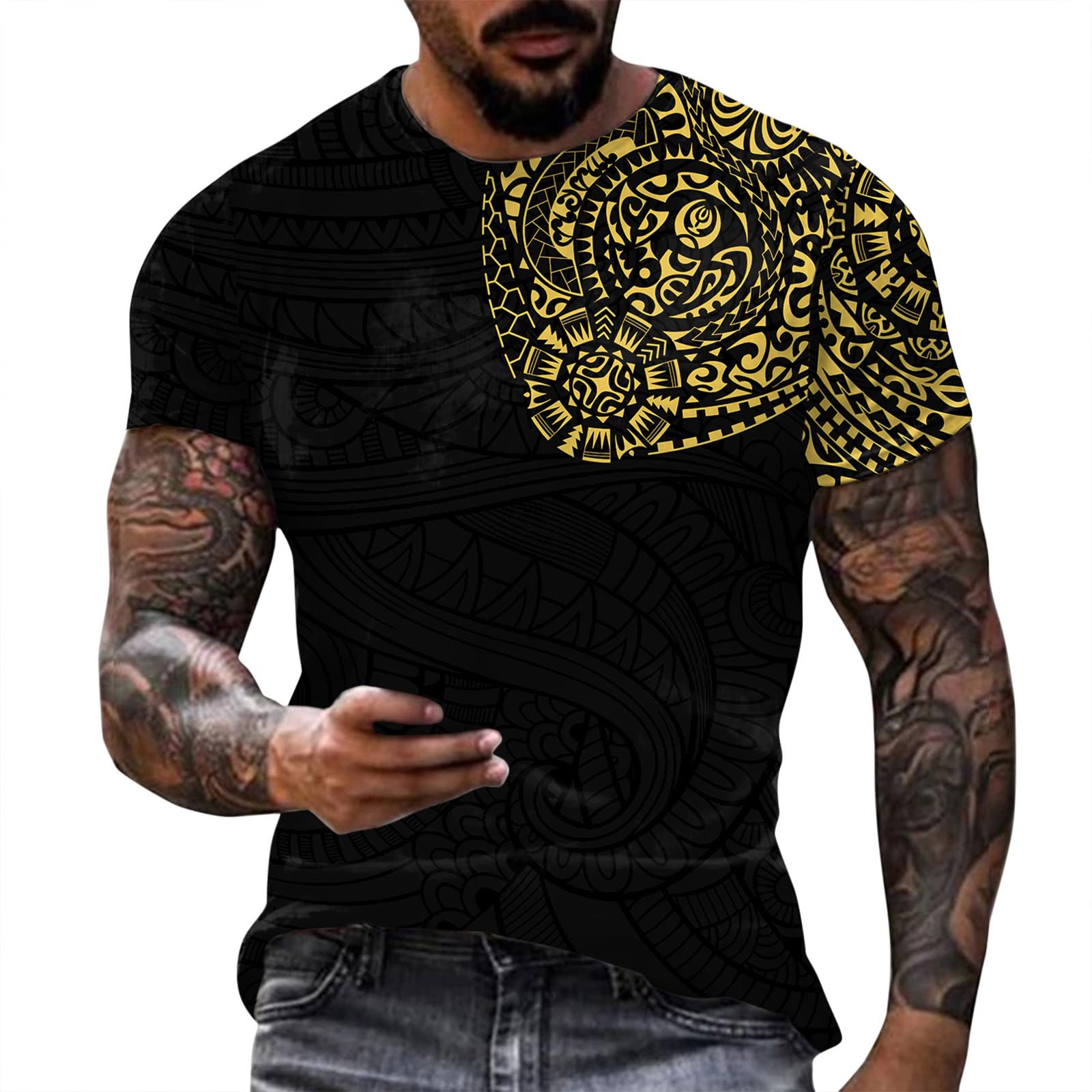 Men's Casual Short Sleeve T-Shirt Vintage Shoulder Graphic Crew Neck Tee Summer Classic Fit Muscle Shirt Streetwear Top(Yellow,Medium)